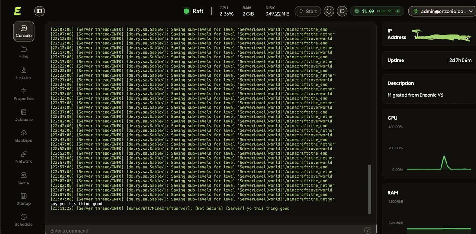Live console: Enzonic server control panel with console, file manager, and server settings